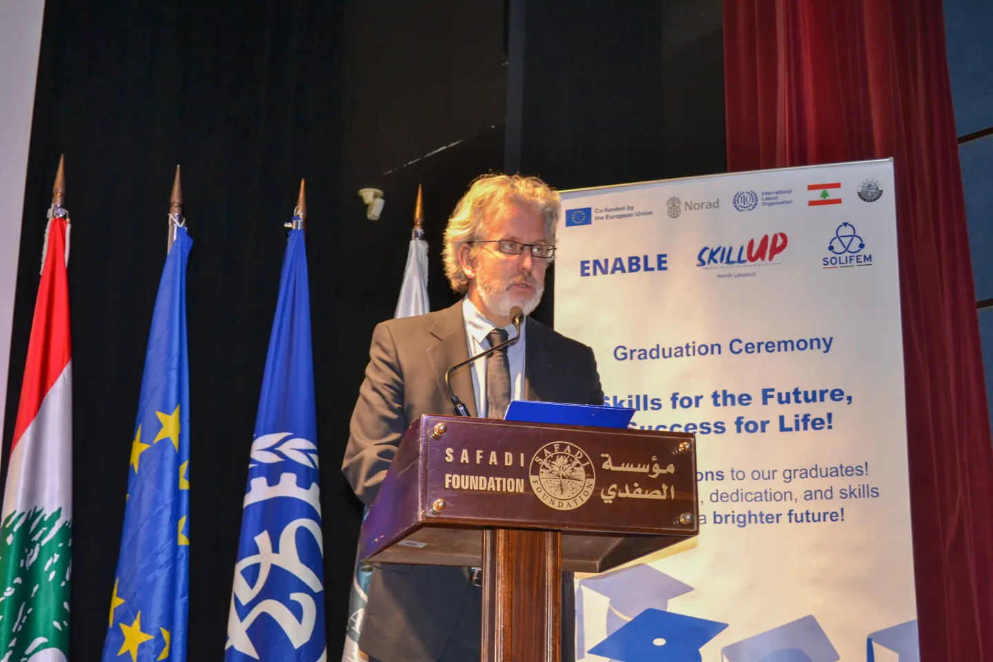 EU Deputy Head of Cooperation, Mr. Cyril Dewaleyne, giving a speech during the WBL graduation ceremony, in Tripoli, Lebanon. 18 February 2025.