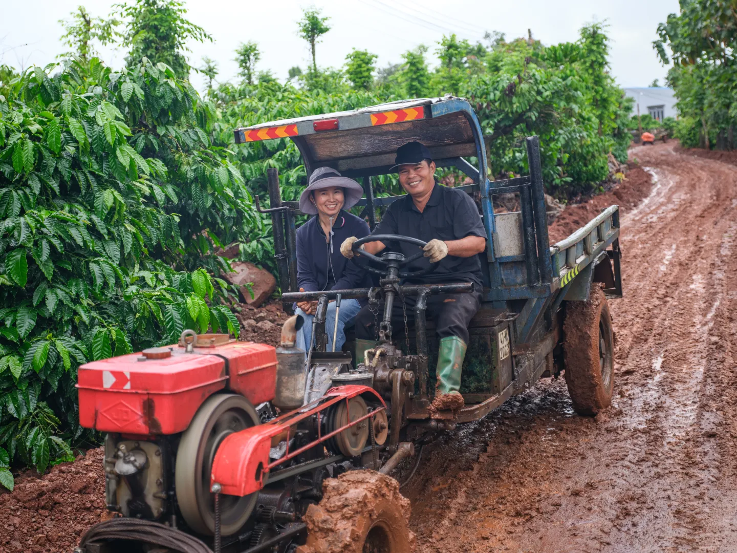 Dung and Ngoc Anh’s tractor with reflective stickers applied to alert people at night or on cloudy days.