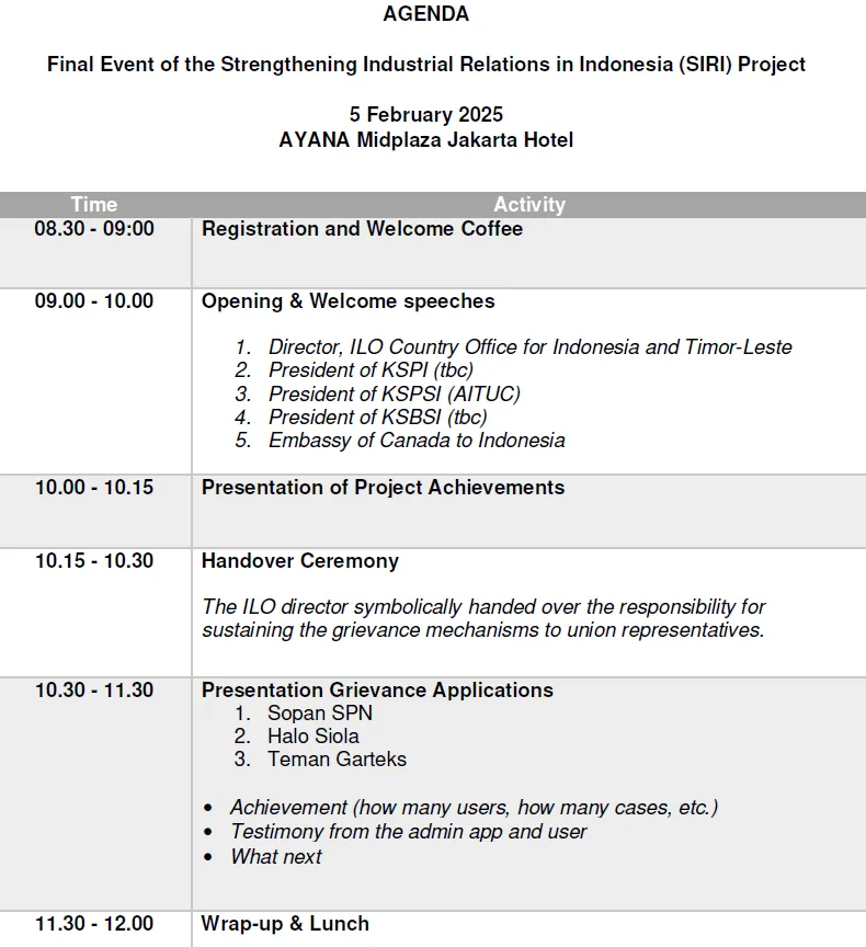 Agenda of the closing event of SIRI Project