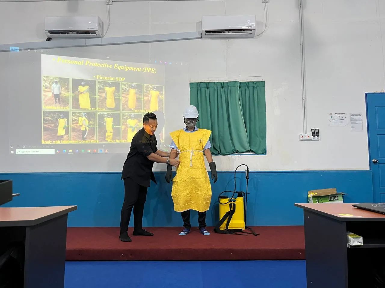 A demonstration of safety equipment at the training