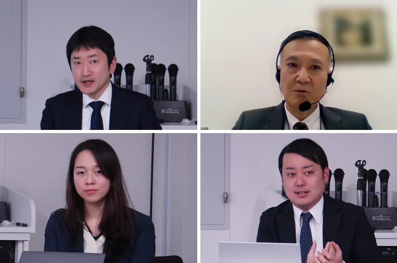 日本自動車部品工業会のセミナーの様子。（左上から時計回りに）同会の山本裕也氏、BHR推進社労士の薦田勉氏、ILO駐日事務所の本庄宏式、同・鴨下真美＝2025年3月10日午後