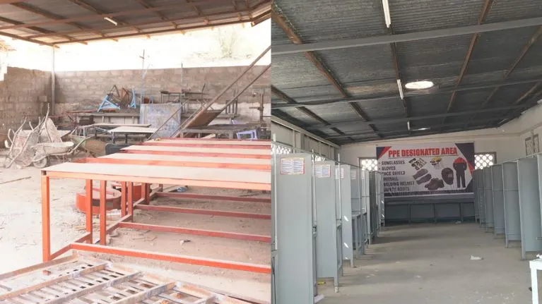 A before and after photo of the remodelled welding classrooms in Turkana County