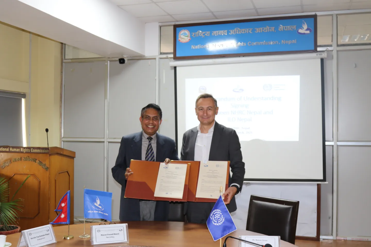The signed MoU reflects the shared commitment of ILO Nepal and NHRCN.