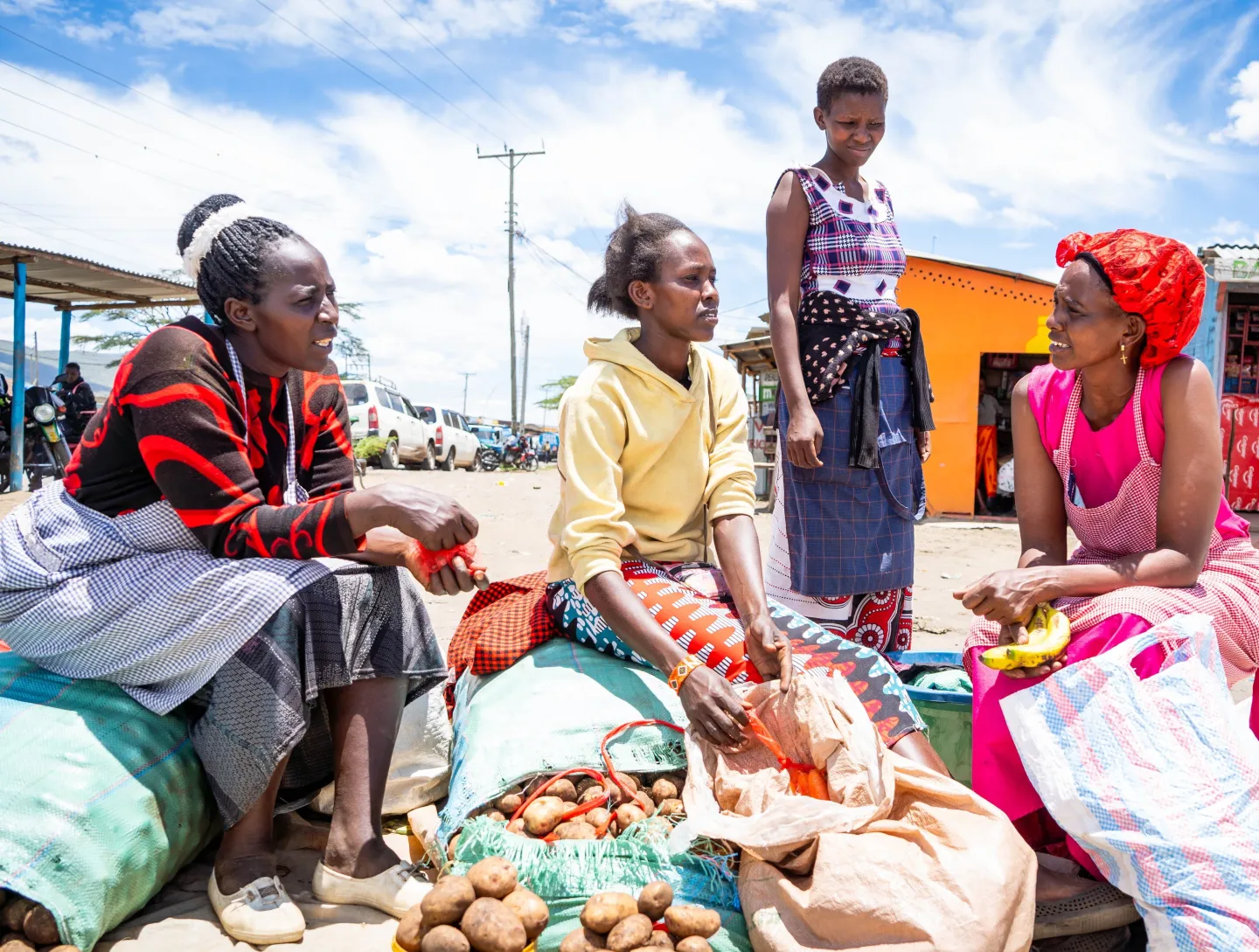 Beneficiaries of entrepreneurship skills and adult learning through the Public-Private Development Partnership (PPDP) for Inclusive Growth through Decent Work in the Great Rift Valley project selling farm produce in Suswa Market, Narok County