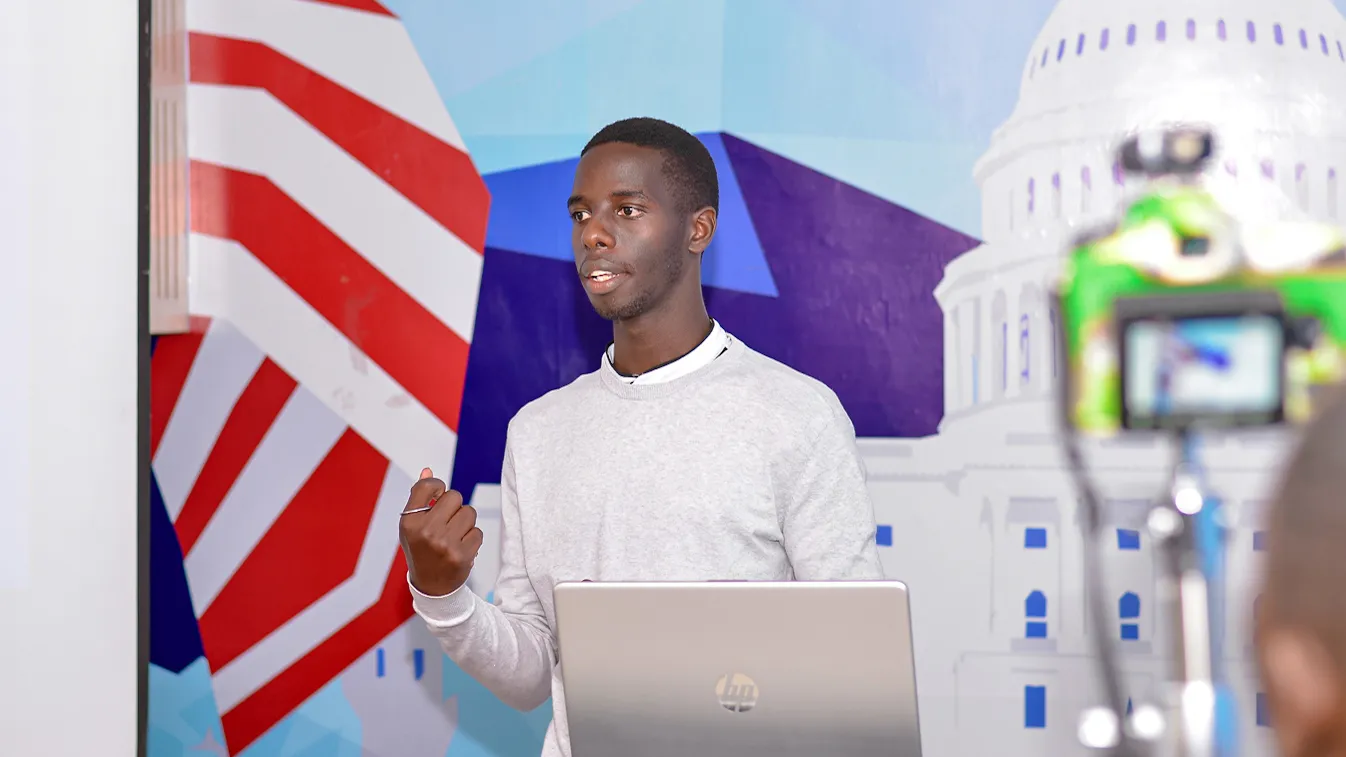 One of the hackathon participants makes his pitch for his solution during the event.
