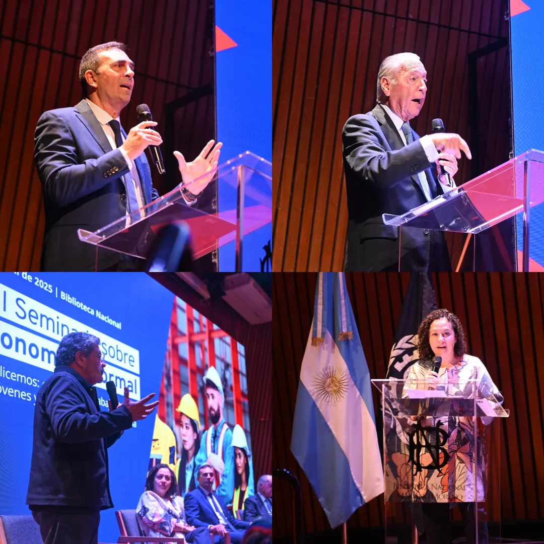 Collage con fotos de los representantes tripartitos del mundo del trabajo en Argetina, junto a la directora de la OIT en el país, durante la apertura del VIII Seminario sobre Economía Informal.