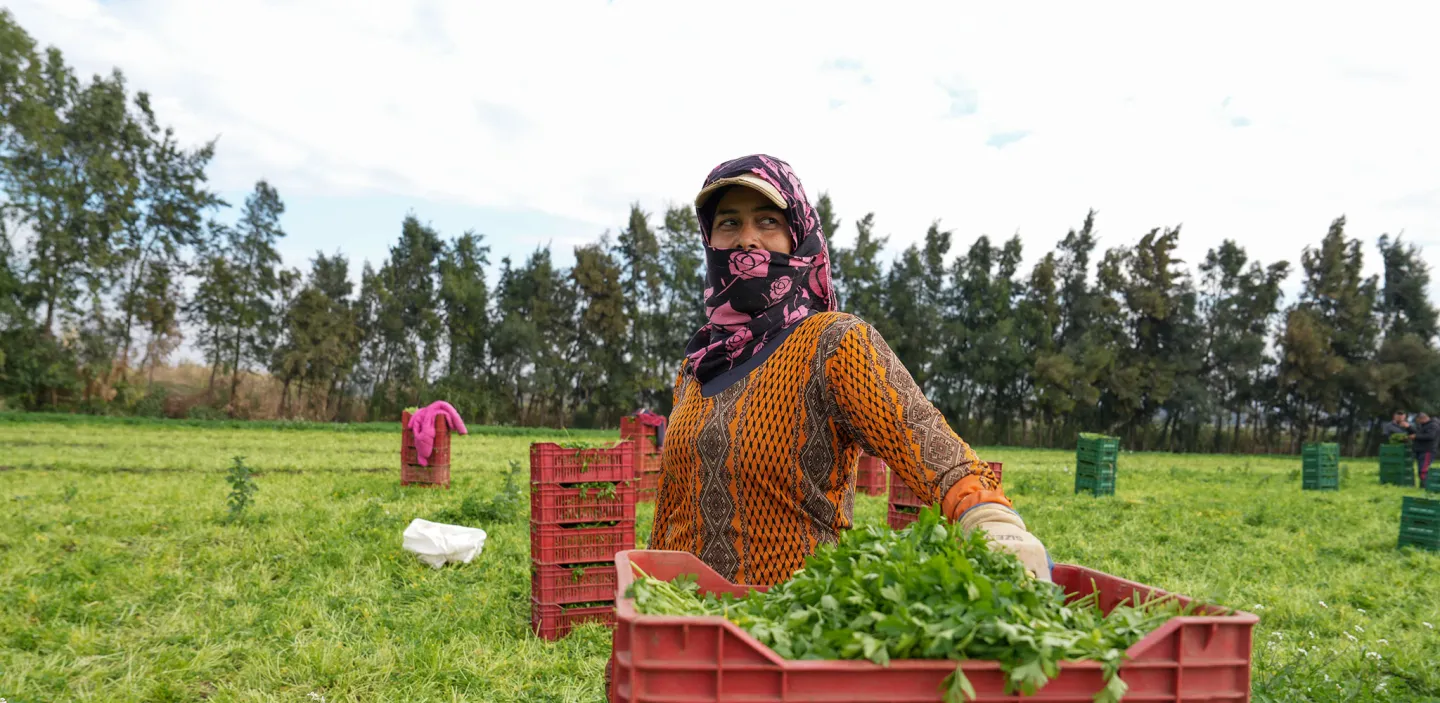 A woman farmer carrying a vegetable tray on her hip