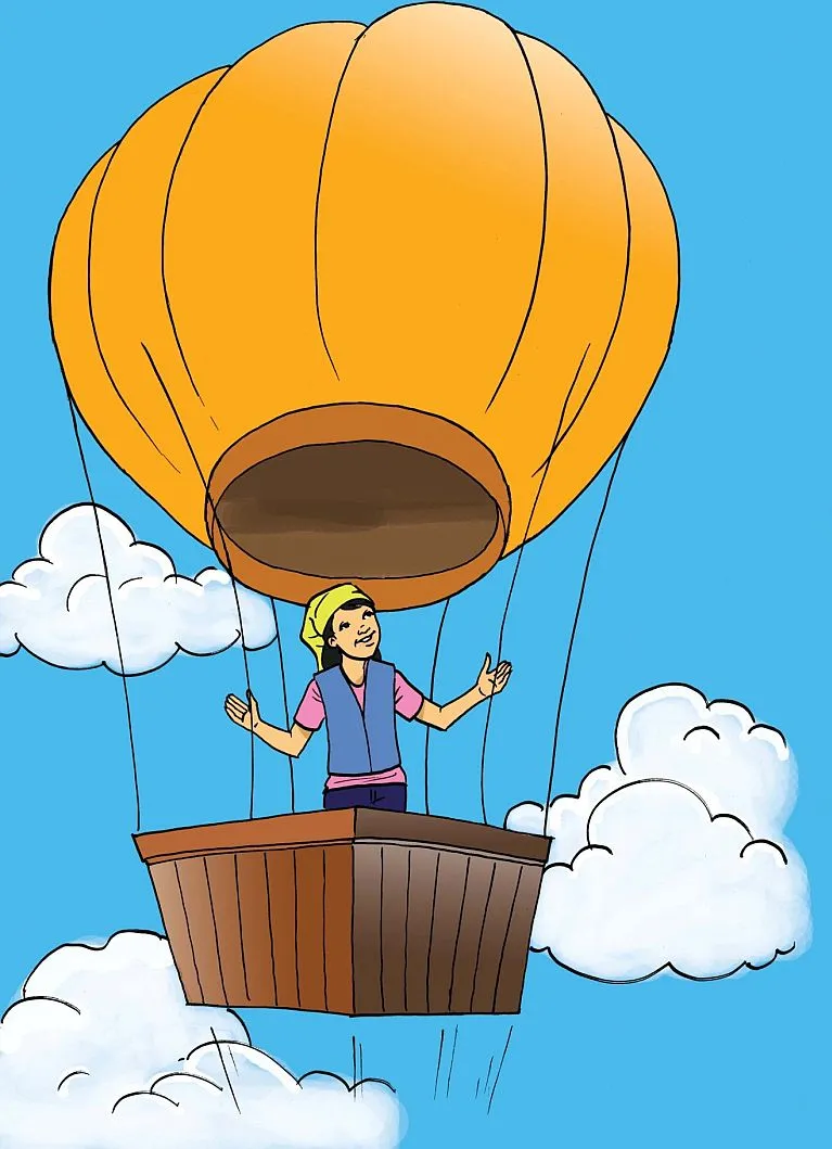 A sketch image of women in a hot air balloon.