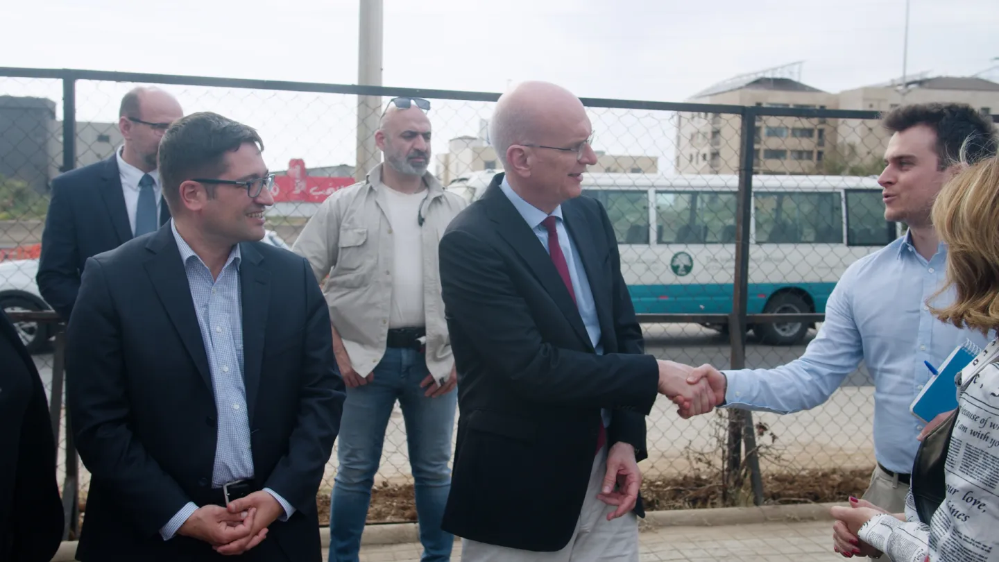 German Ambassador to Lebanon Kurt Georg Stoeckl-Stillfried and BMZ representative meeting attendees of the field visit. Tripoli, Lebanon- April 2025