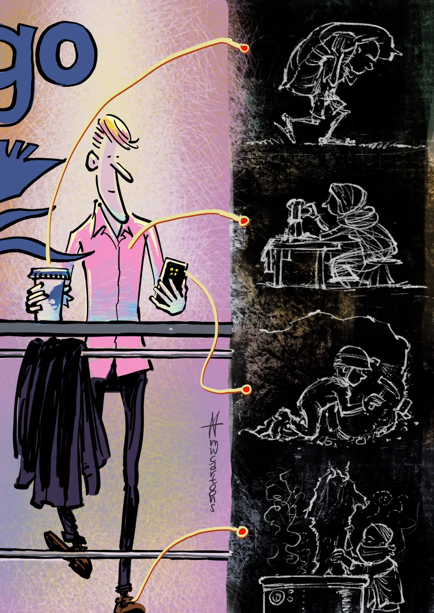The cartoon represents a man drinking coffee while looking at his phone, with arrows pointing at the coffee, the shirt, the phone and the shoes, and linking to images of workers being exploited 