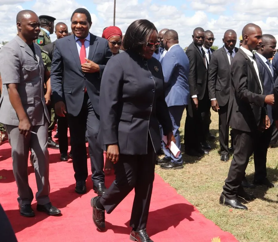 President Hakainde Hichilema (centre) arrives at the commemorations amid tight security in Mansa, Zambia