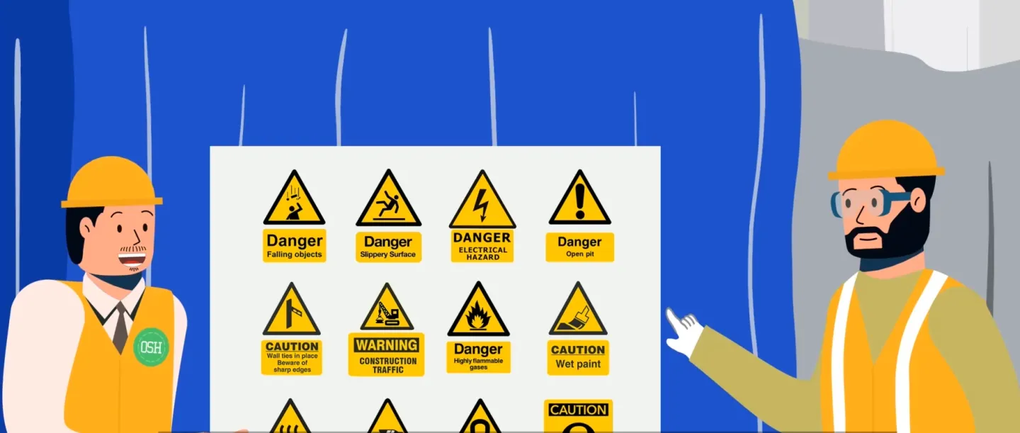 cartoon image showing two men with helmets showing safety signs