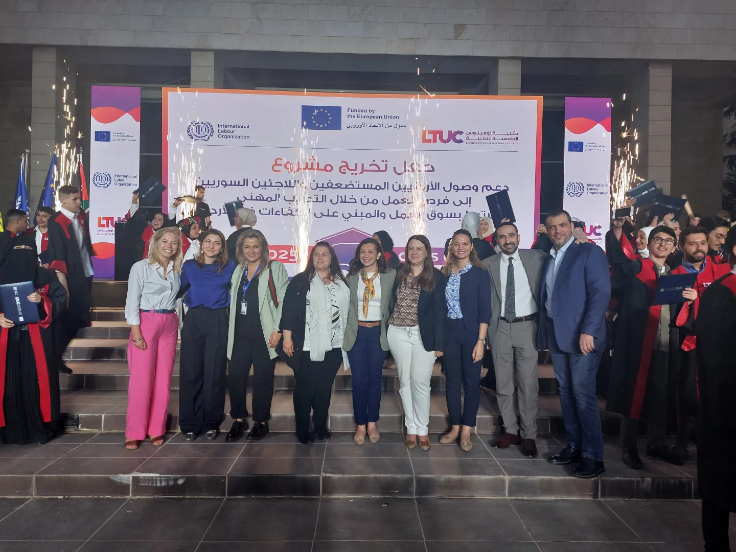 Members of the EU Delegation to Jordan, the ILO, LTUC gather after the graduation ceremony. Amman, Jordan. 13 May, 2025 