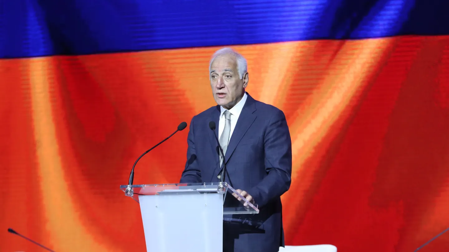 President Vahagn Khachaturyan giving a speech