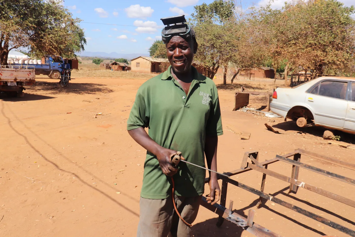 Simon Makowane at his solar-powered metal fabrication and welding enterprise.
