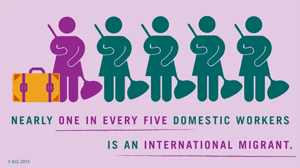 The image features five stylized figures of domestic workers, one highlighted and standing beside a suitcase, alongside the text "NEARLY ONE IN EVERY FIVE DOMESTIC WORKERS IS AN INTERNATIONAL MIGRANT."