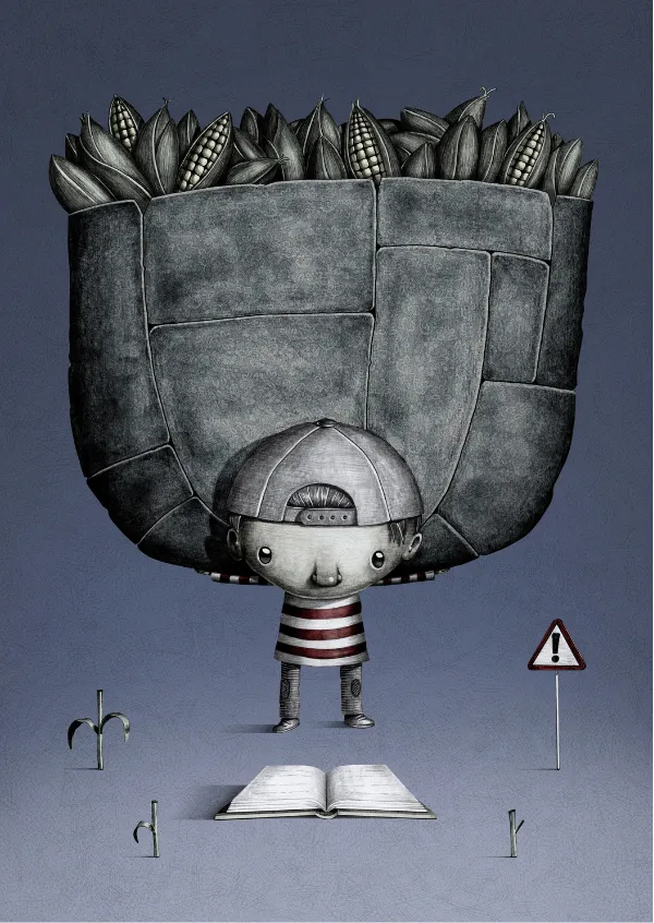 "Pequeño Atlas", obra de Fernando Sassali para la campaña de la OIT "Ilustrando un futuro sin trabajo infantil".