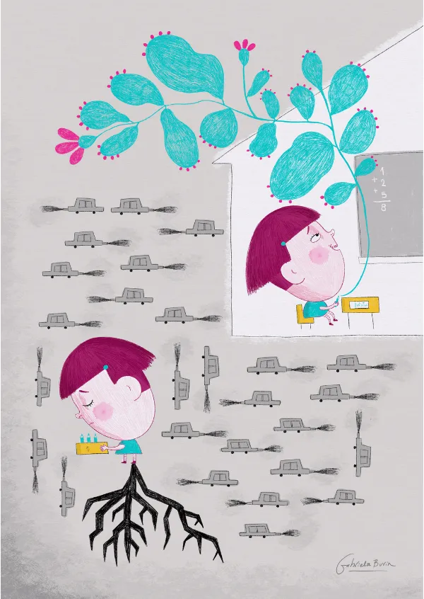 "Semillas", obra de Gabriela Burin para la campaña de la OIT "Ilustrando un futuro sin trabajo infantil"