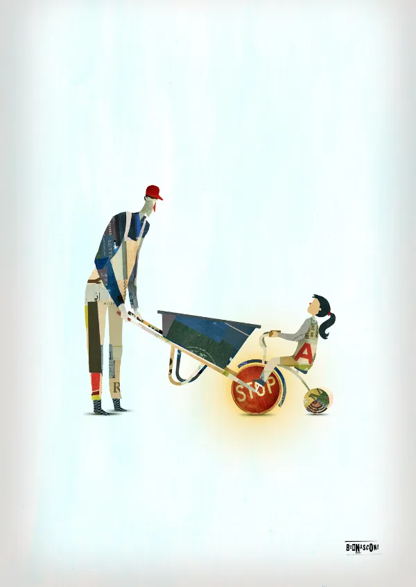 Obra de Pablo Bernasconi para la campaña de la OIT "Ilustrando un futuro sin trabajo infantil".