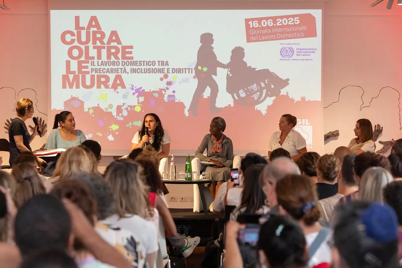 FILCAMS CGIL debate on gender intersectionality, migrant status and informality, Rome, 16 June 2025.