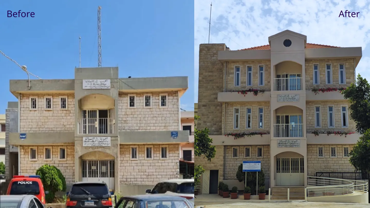 Deddeh municipality building before and after the rehabilitation through ILO EIIP in Lebanon. July 2025
