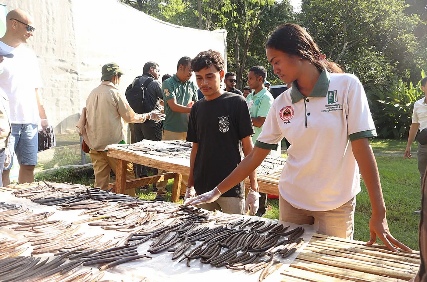 Two persons facing drying table with other people surronding them