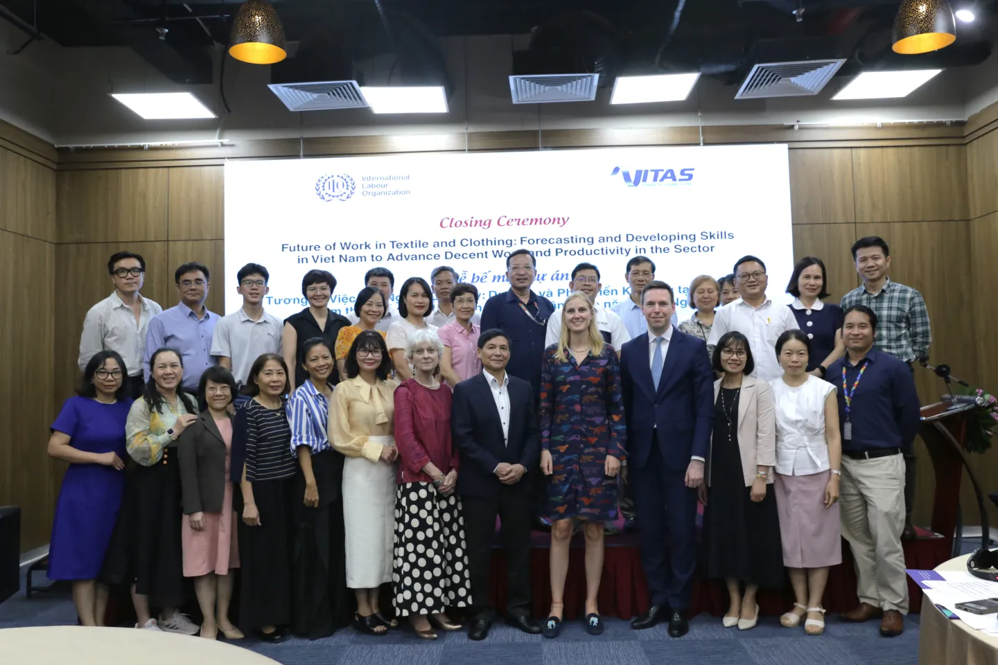 Representatives from ILO, VITAS, Dutch Embassy, and sectoral stakeholders gather for a group photo after a productive meeting 