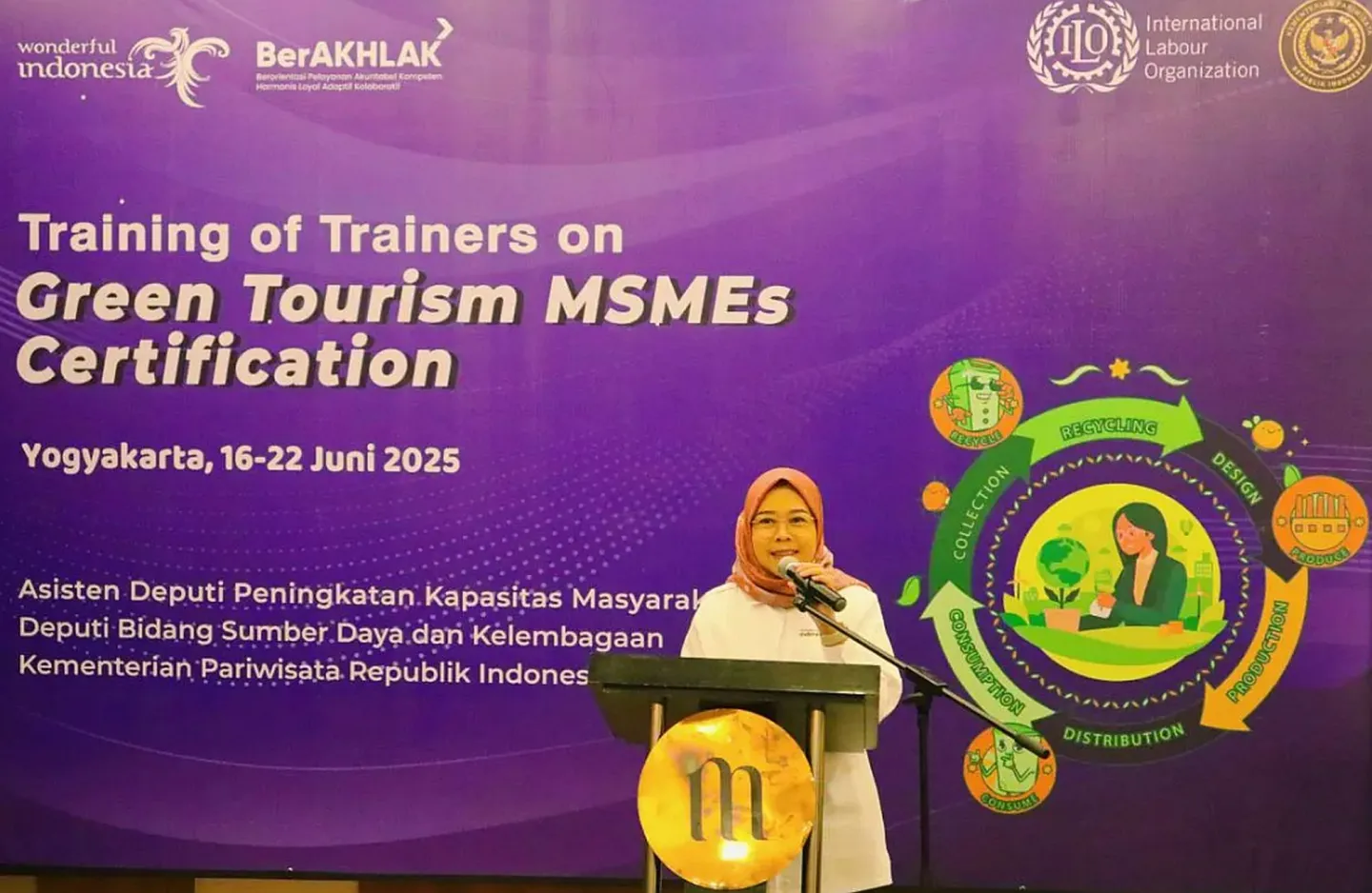 A woman standing behind the podium 