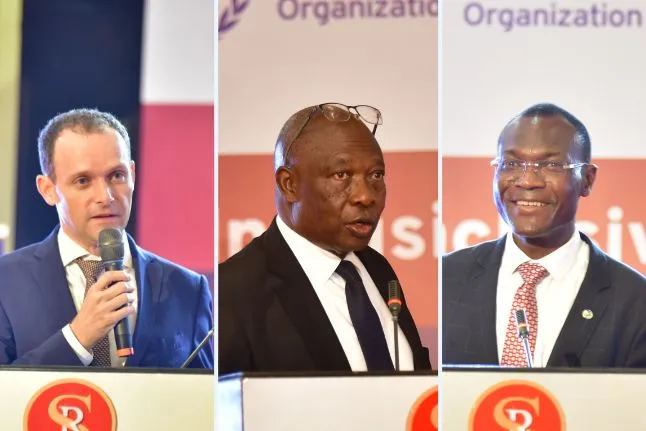 The key speakers (L to R) Joost van Ettro, Deputy Head of Mission, Netherlands Embassy in Uganda, Hon. Gidudu Mafwabi, Minister of State for Elderly, Uganda and Coffi Agossou, Deputy Regional Director for the ILO in Africa addressing participants