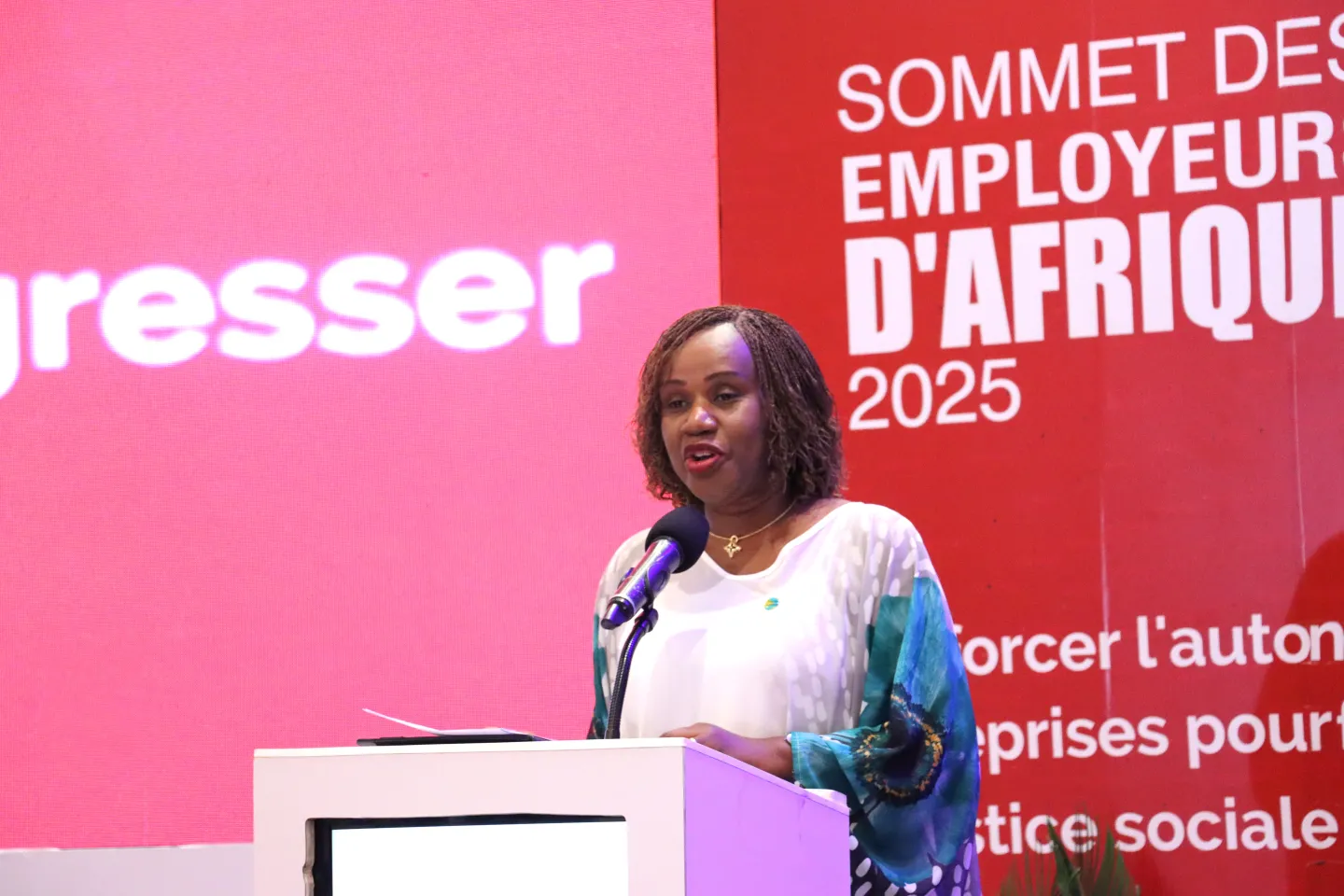 ILO Regional Director for Africa, Fanfan Rwanyindo Kayirangwa, speaks at the podium during the opening ceremony of the Africa Employers’ Summit 2025 in Nairobi.