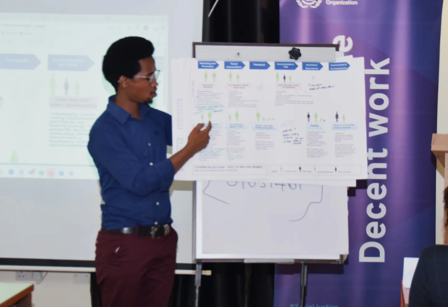 A workshop participant standing beside a screen or whiteboard, speaking and gesturing toward a presentation during a gender analysis workshop in Kenya