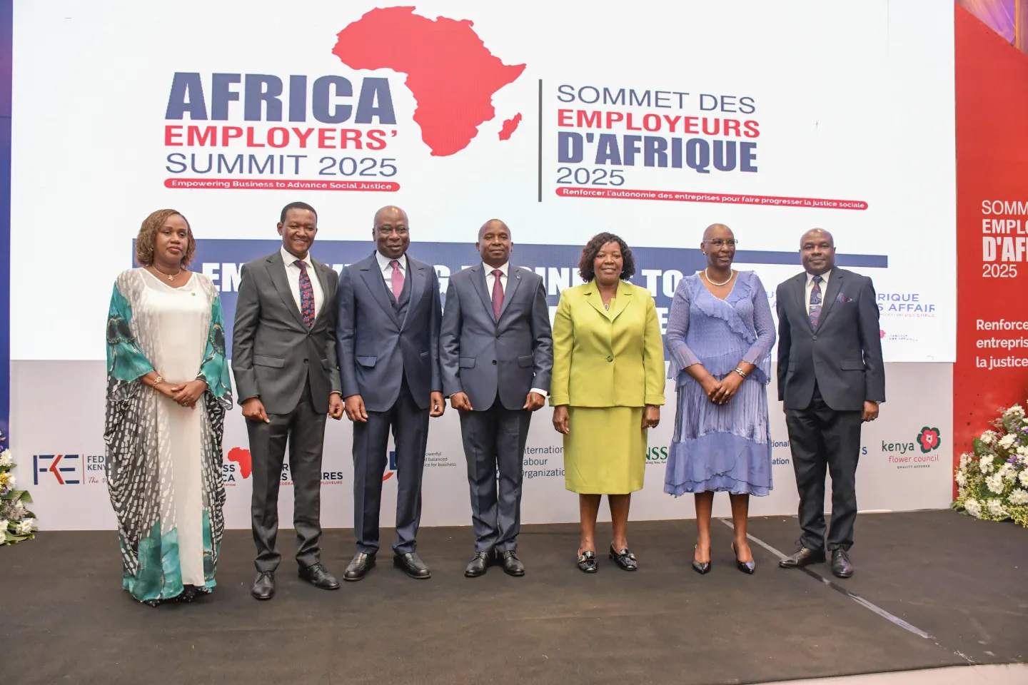 Group photo of ILO Regional Director for Africa Fanfan Rwanyindo Kayirangwa with the Deputy President of Kenya, leadership from BUSINESSAfrica, the Federation of Kenya Employers, and other partners.