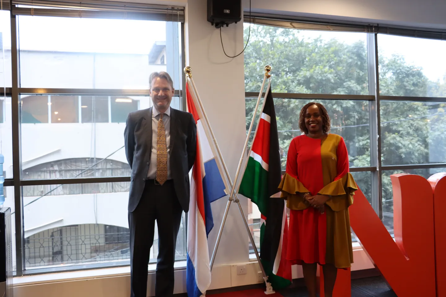 ILO Regional Director for Africa Fanfan Rwanyindo shakes hands with Ambassador of the Kingdom of the Netherlands to Kenya, H.E. Henk Jan Bakker, during a courtesy visit to appreciate the strong partnership with the Netherlands in Kenya. 