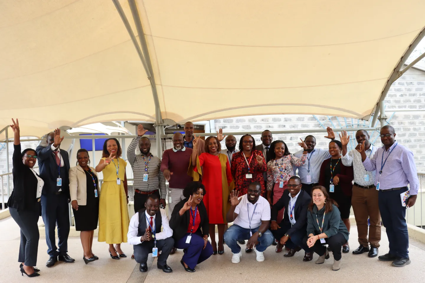 ILO Regional Director for Africa Fanfan Rwanyindo poses with staff from the ILO Nairobi office during her visit, celebrating teamwork and their contributions to advancing decent work in Kenya.
