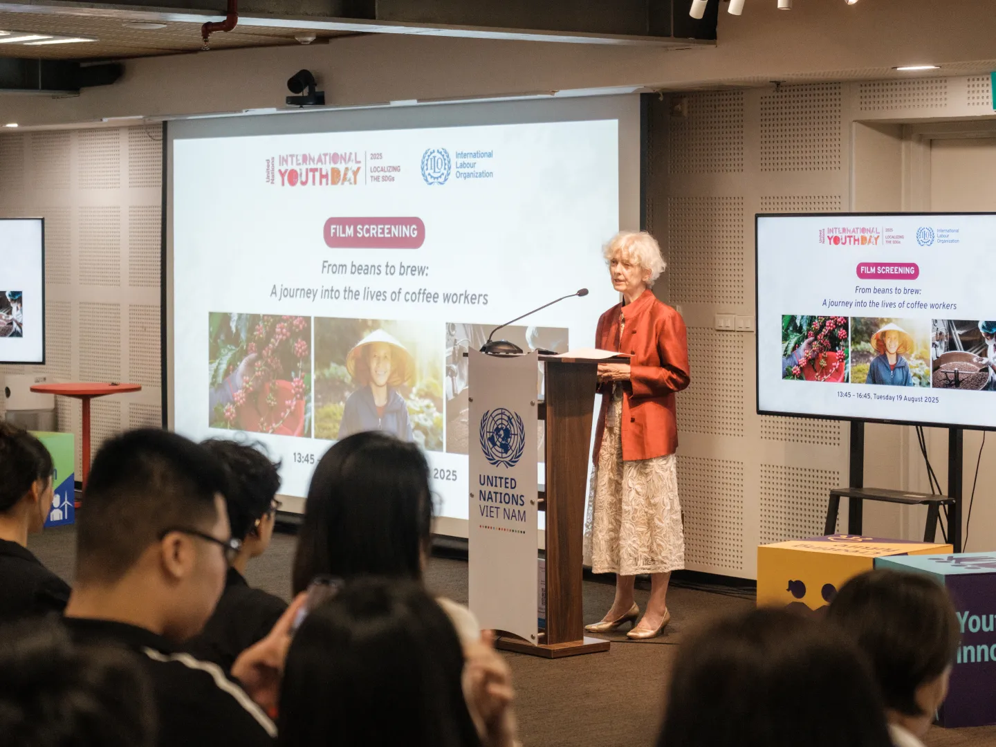 Ingrid Christensen, ILO Country Director for Viet Nam, inspired the audience with a reminder that people are always at the centre of work — and that youth have a vital role in driving green jobs and social justice forward.