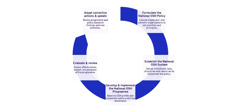 The figure shows a cyclical process of formulating a national osh policy, establishing a national OSH system, developing a national OSH programme, evaluating and reviewing and adopting corrective action. 