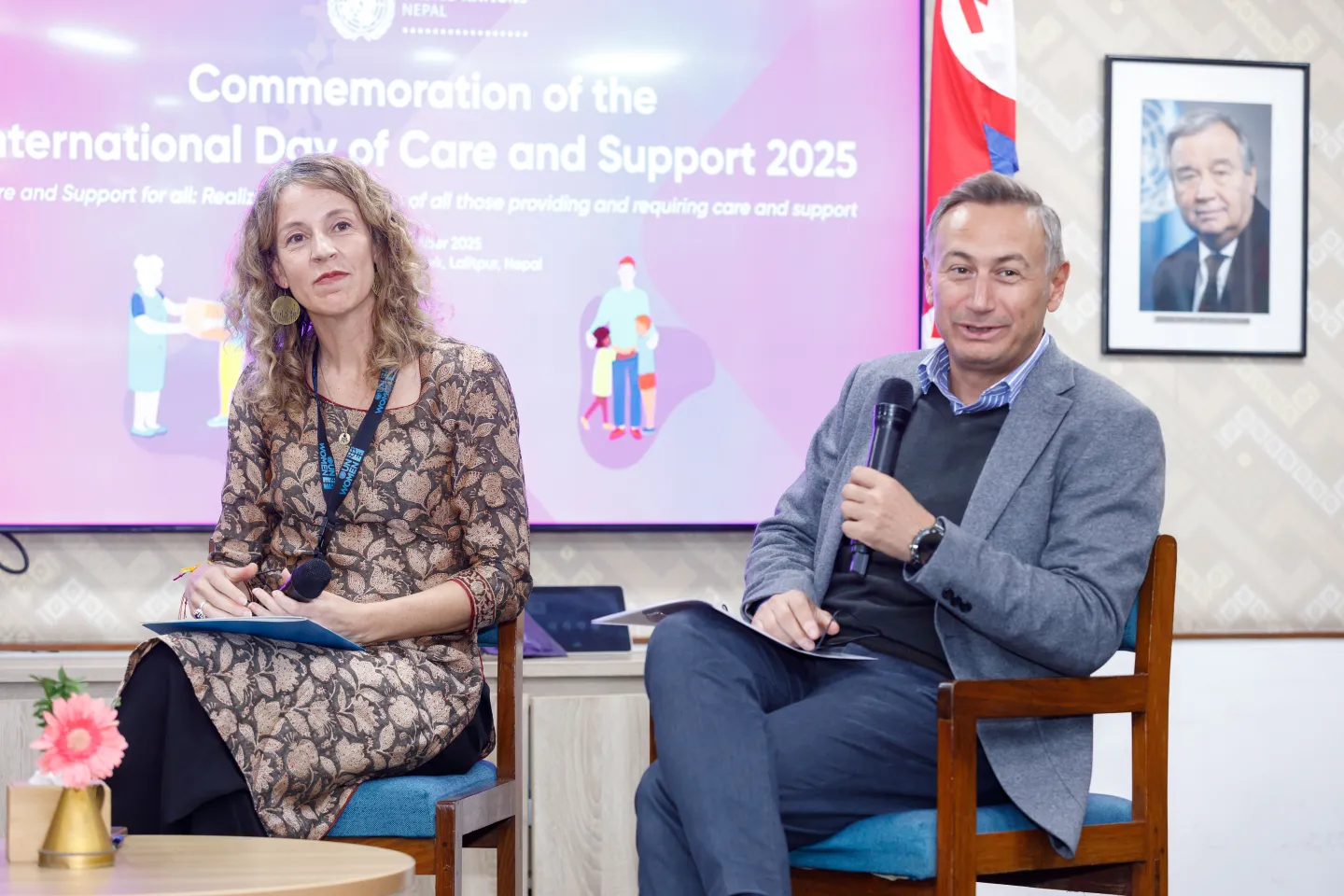 Conversation exchange between Numan Özcan (ILO Nepal), Patricia Fernández-Pacheco (UN Women Nepal) and support staff representatives.