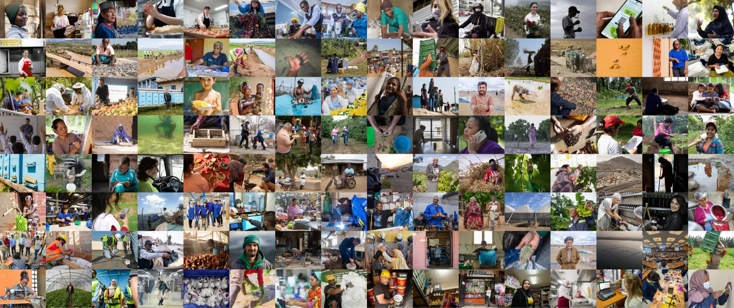 Mosaïque of people working in different workplaces, locations