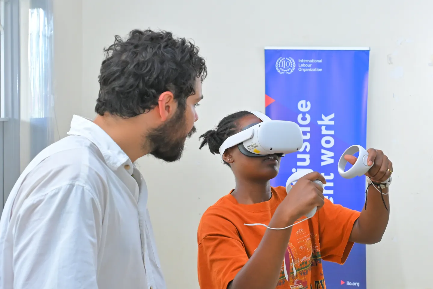 a woman participant trying VR headset