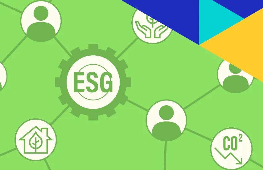 The cover features a large industrial gear with the letters “ESG” prominently displayed at its center. The gear symbolizes industry and production, while the ESG acronym highlights the focus on Environmental, Social, and Governance principles
