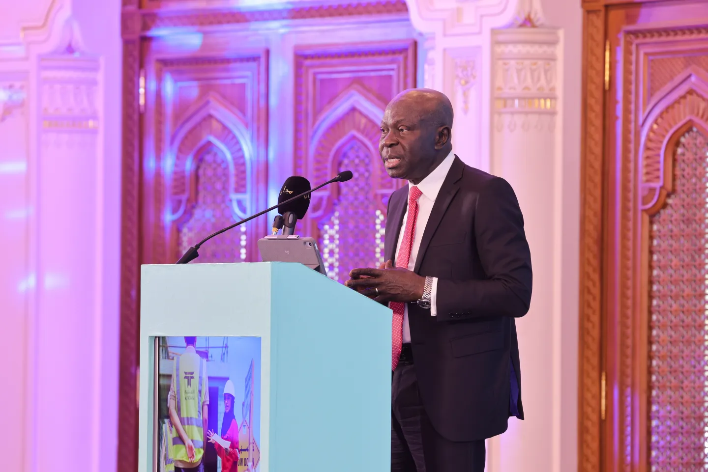 ILO Director-General Gilbert F. Houngbo speaking at the opening of the first regional tripartite workshop during an official visit to Oman. Muscat 15/12/2025