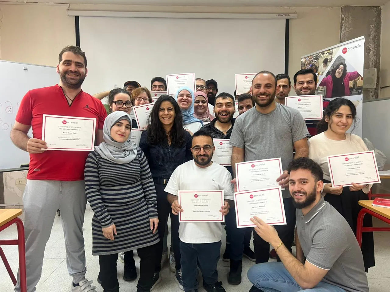 Participants celebrate completing the Career Preparedness Training with their certificates. Beirut, Lebanon. November 2025