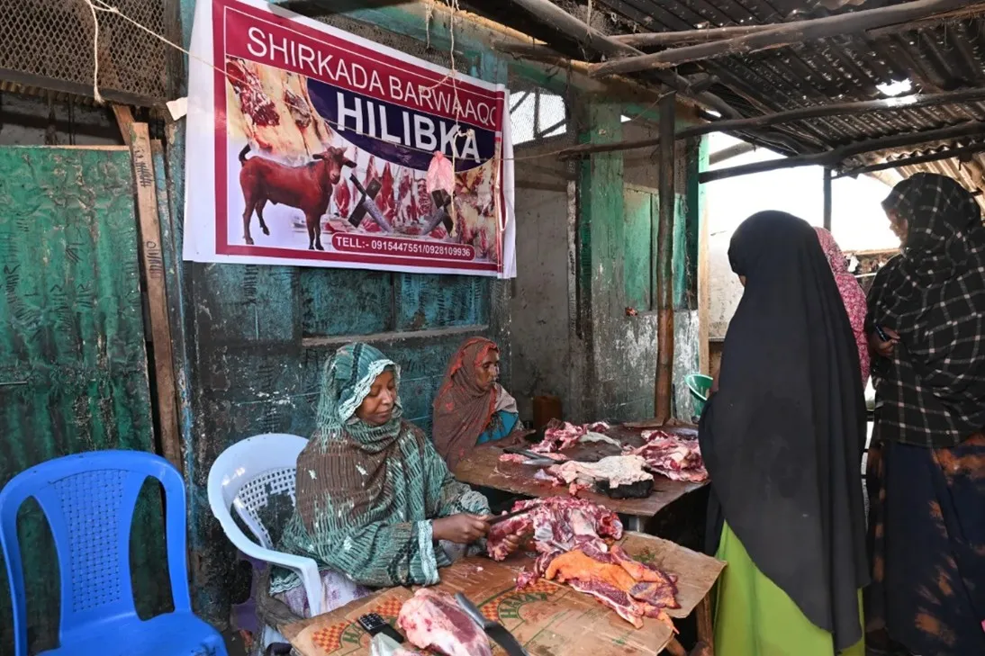Somali woman cutting meat in her butchery business in Ethipia