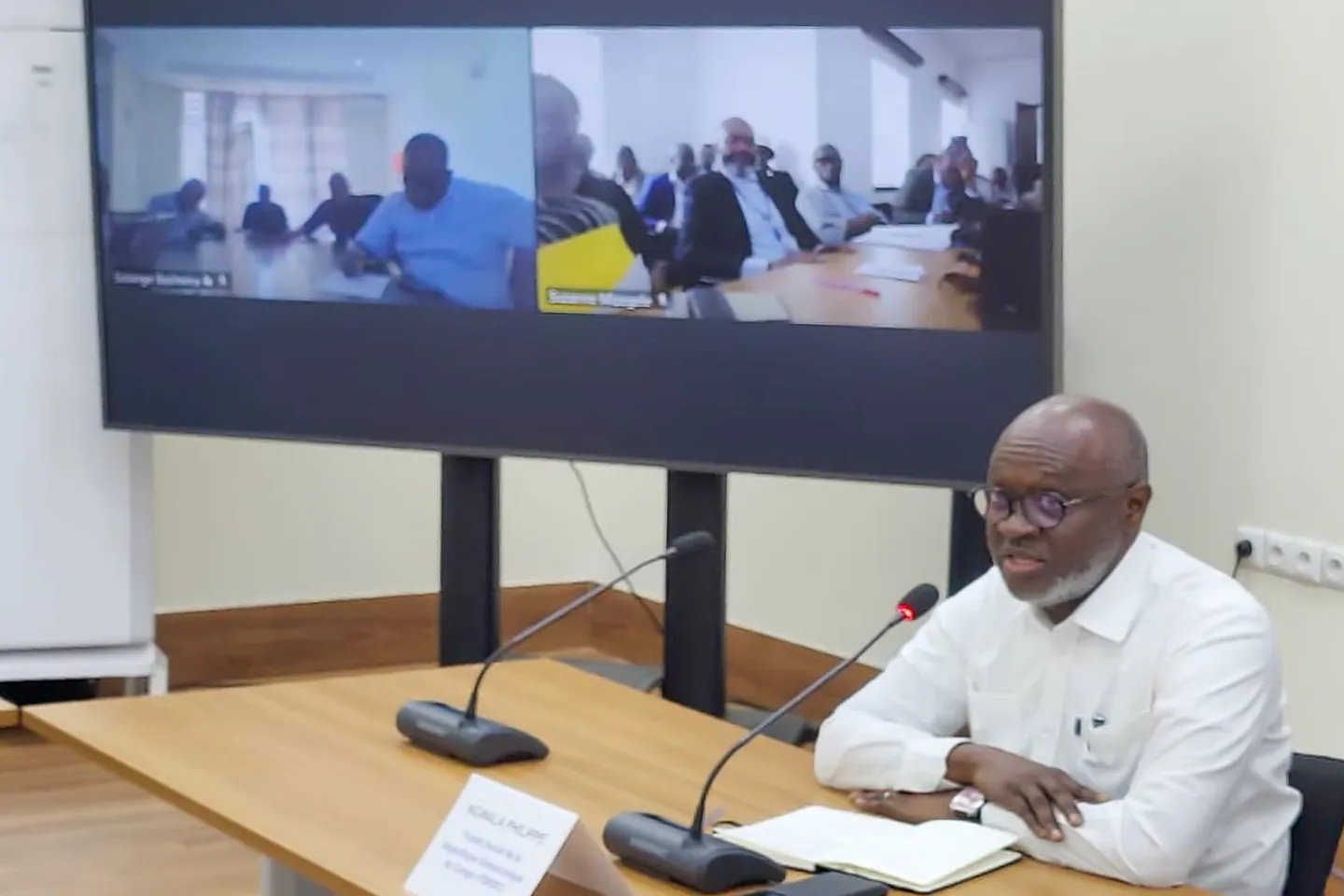 André Okou, expert international chargé de l’entrepreneuriat, du secteur privé et des partenariats au FSRDC, intervient lors de la séance, assis devant un micro avec un écran affichant des participants connectés en ligne en arrière-plan.