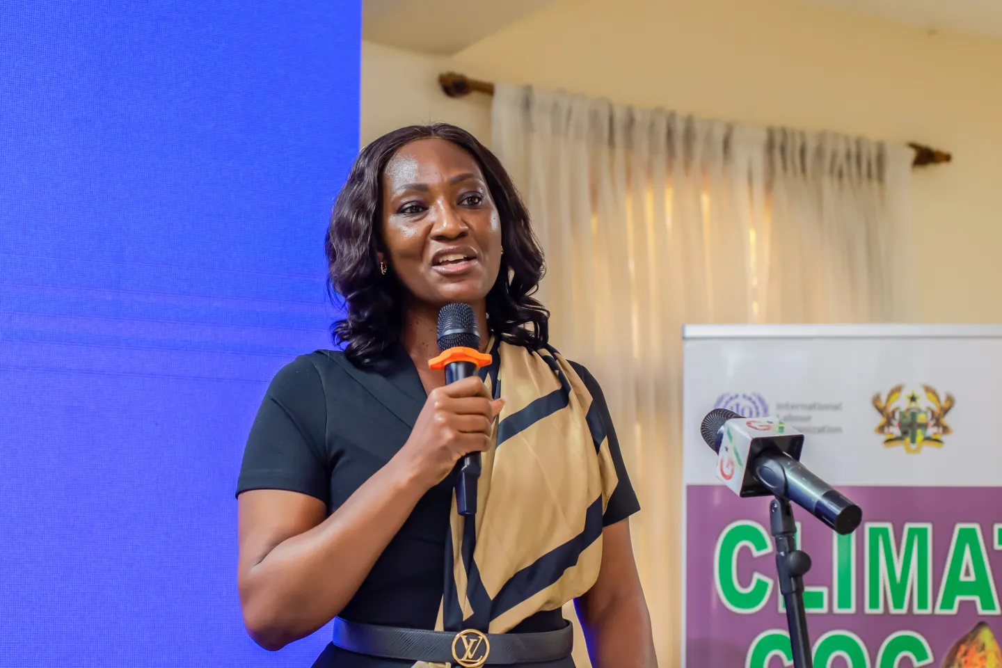 Vanessa Phala of the International Labour Organization speaks at the national closure event of the CLIMATE-Cocoa Project in Accra, Ghana.