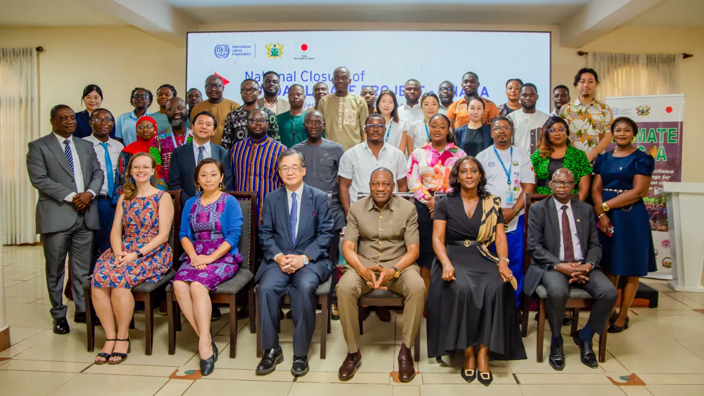 Participants gather for a group photo at the national closure event of the CLIMATE-Cocoa Project in Accra, Ghana.