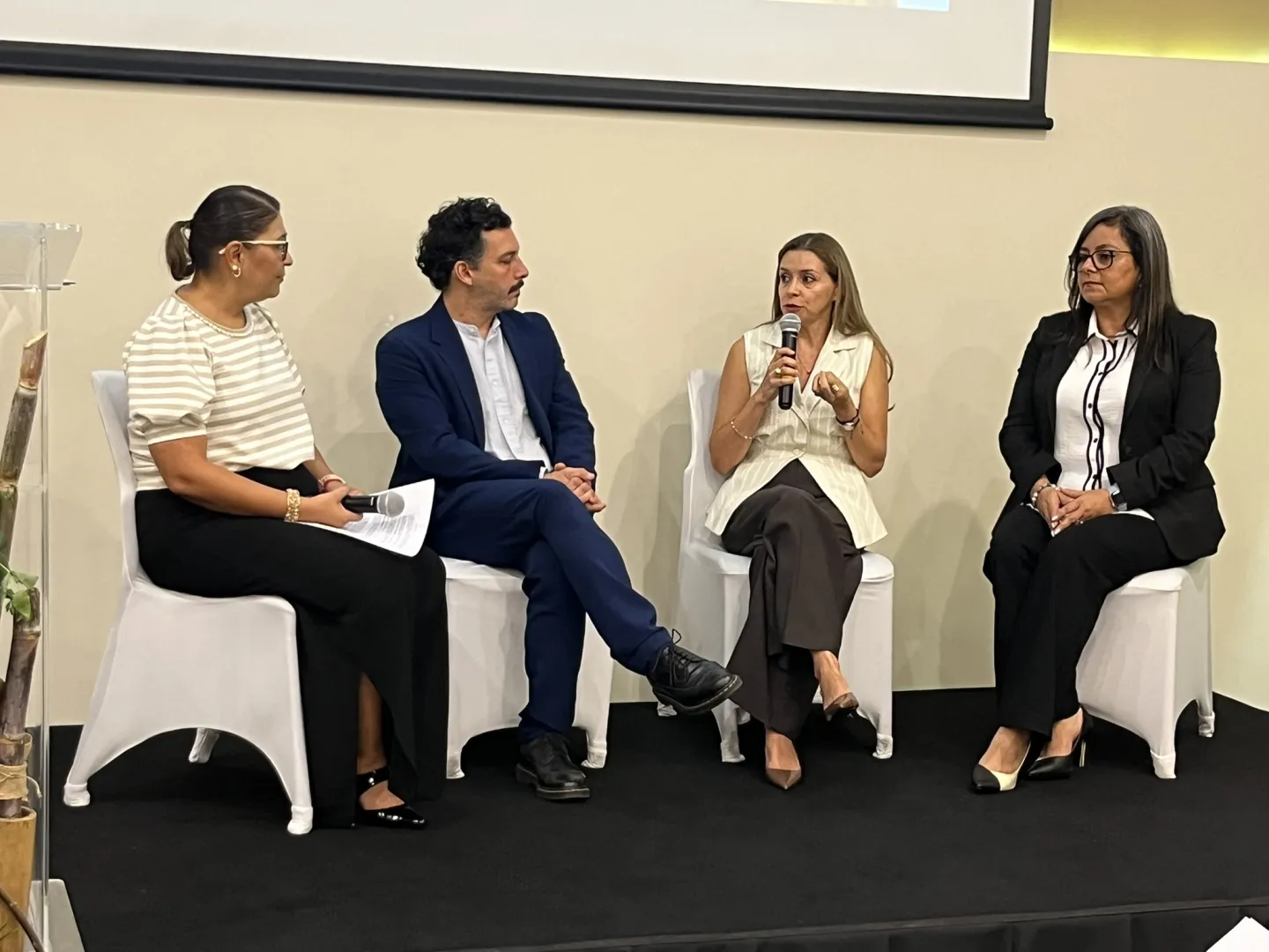 Panel Técnico con la participación de María Isabel Sánchez, especialista en migración laboral de la OIT (micrófono) durante presentación del proceso sectorial de Debida Diligencia en Derechos Humanos impulsado por LAICA en Costa Rica con la asistencia de la OACNUDH y la OIT