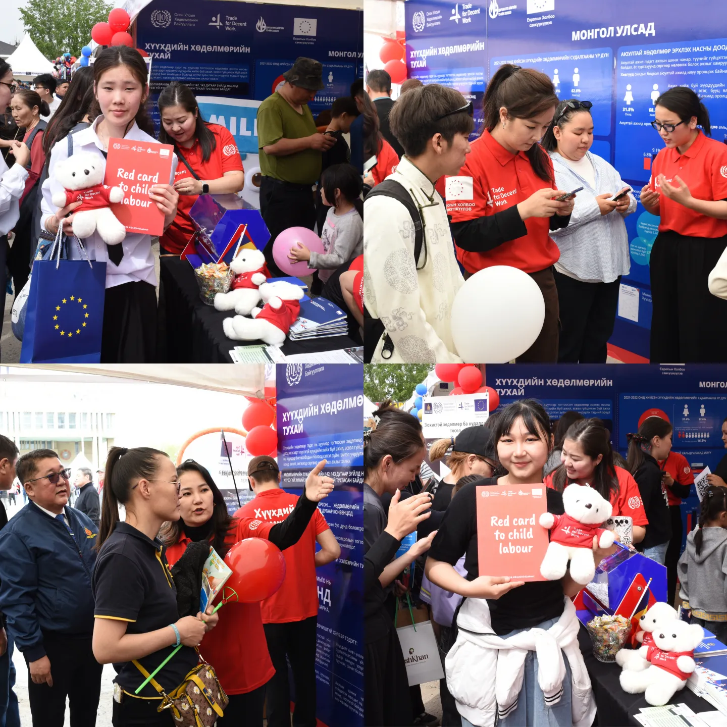 Collage of participants engaging in interactive awareness activities on the elimination of child labour during Europe Day 2026 in Darkhan-Uul province, including joining the “Red Card to Child Labour” campaign and learning about child labour statistics in Mongolia and around the world.