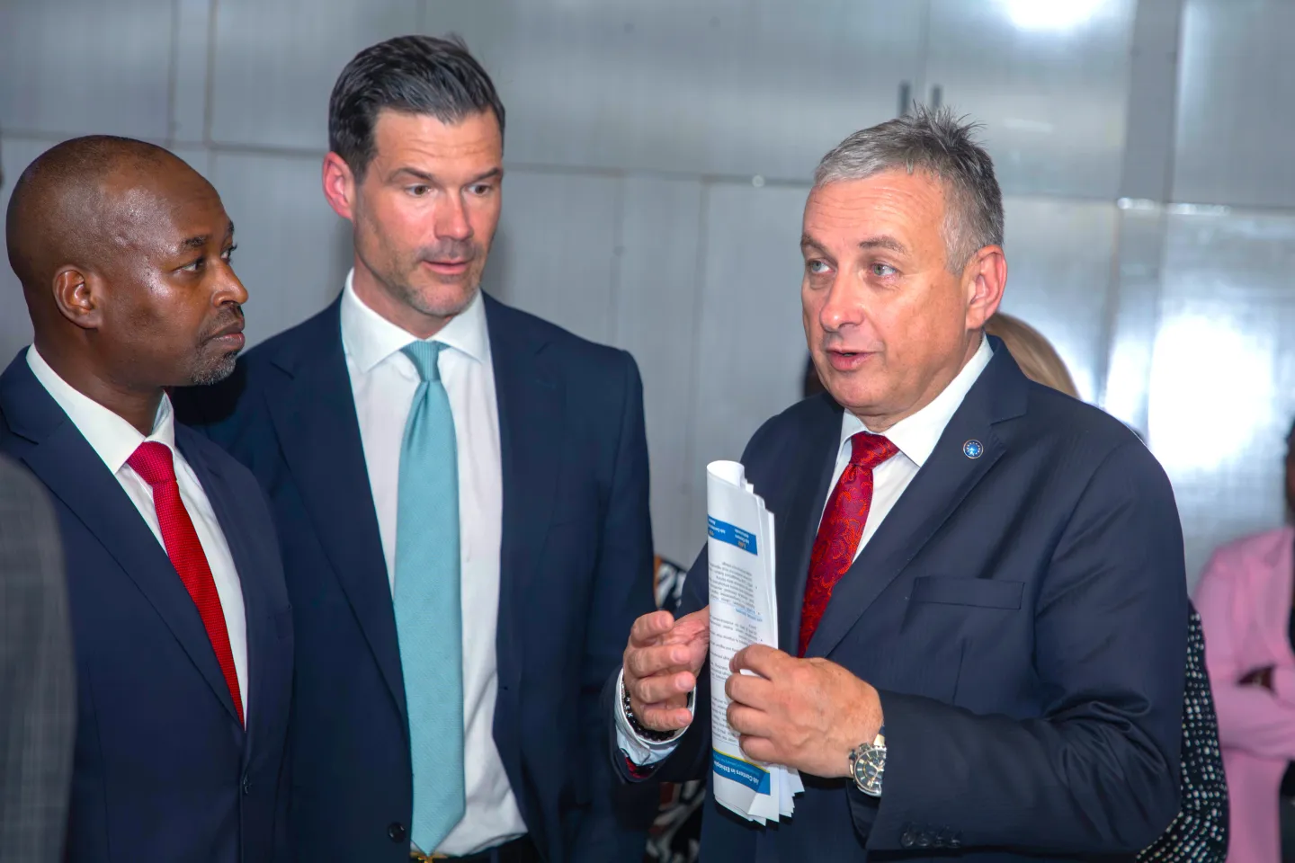 Three officials in suits speak during a high-level EU and Swedish visit to Ethiopia’s Bole Woreda 12 Job Centre.