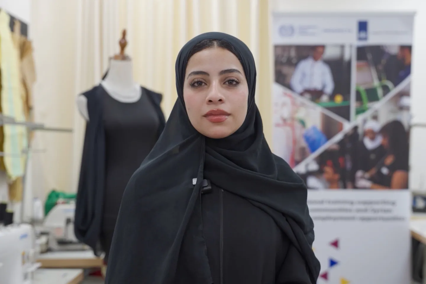 Rola Ismail during training in a fashion workshop, part of the programme supporting both refugees and host community youth. Amman, Jordan, September 15, 2025. 